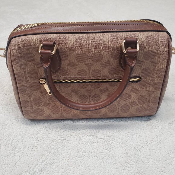 Coach Rowan Satchel Brown Cream Tan Classic Logo Canvas Shoulder Bag CV961 - Picture 4 of 14
